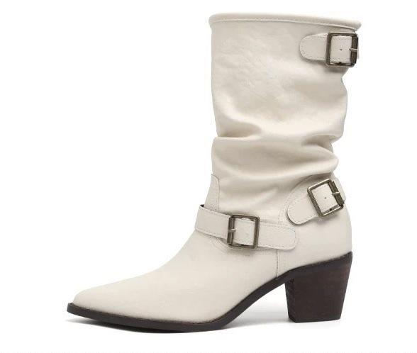 Pile Thick Heel Short Boots Women's Versatile Autumn and Winter Pointed Head New German Pleated Boots Thin Boots Belt Buckle French Retro