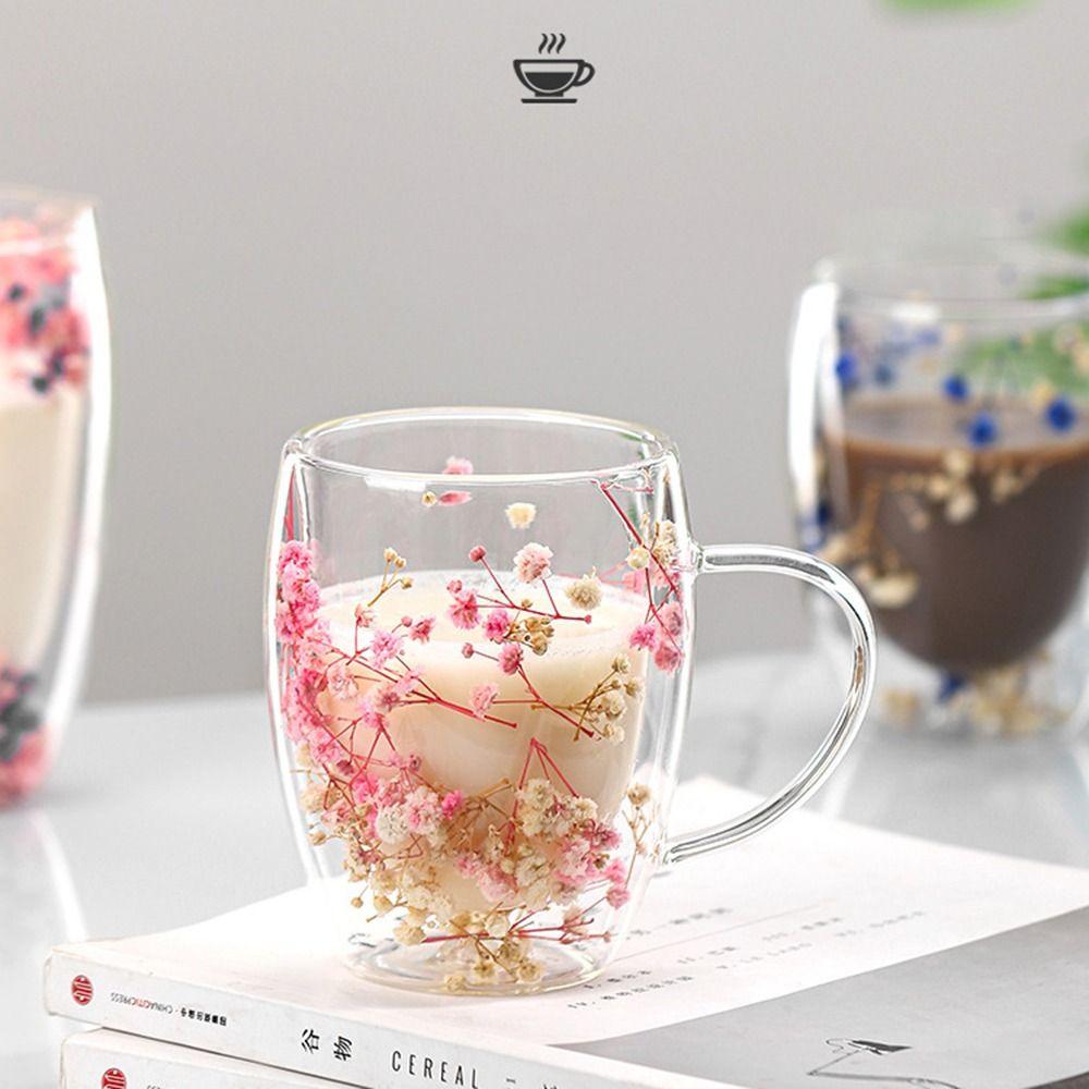 350ml Double Wall Glass Cup Heat Resistant Coffee Mug Elegant Dried Flowers Glass Mugs  Home&Office