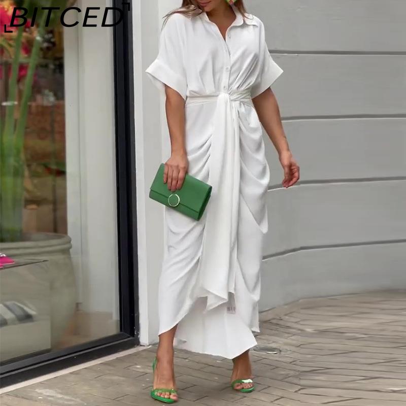 BITCED Damen Hemdkleid mit Kragen, mittellang, kurzärmelig, einreihig, hoch tailliert, Frühling