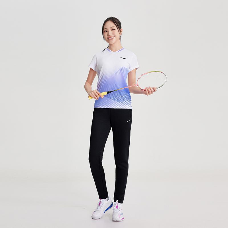 Li Ning Badminton Series Sports Breathable V-Neck Pullover Quick-Dry Short Sleeve T-Shirt Moisture-Wicking Training Wear Women Tops AAYU212-1