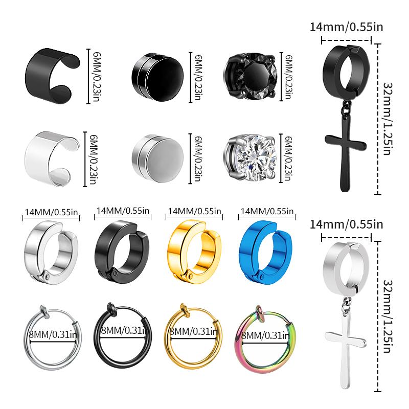 1/16 Paia Orecchini a Bottone Magnetici Uomo Acciaio Inossidabile Senza Foratura Orecchini a Cerchio Pendenti a Croce Unisex Orecchino Magnetico Clip-on con Zirconia Cubica