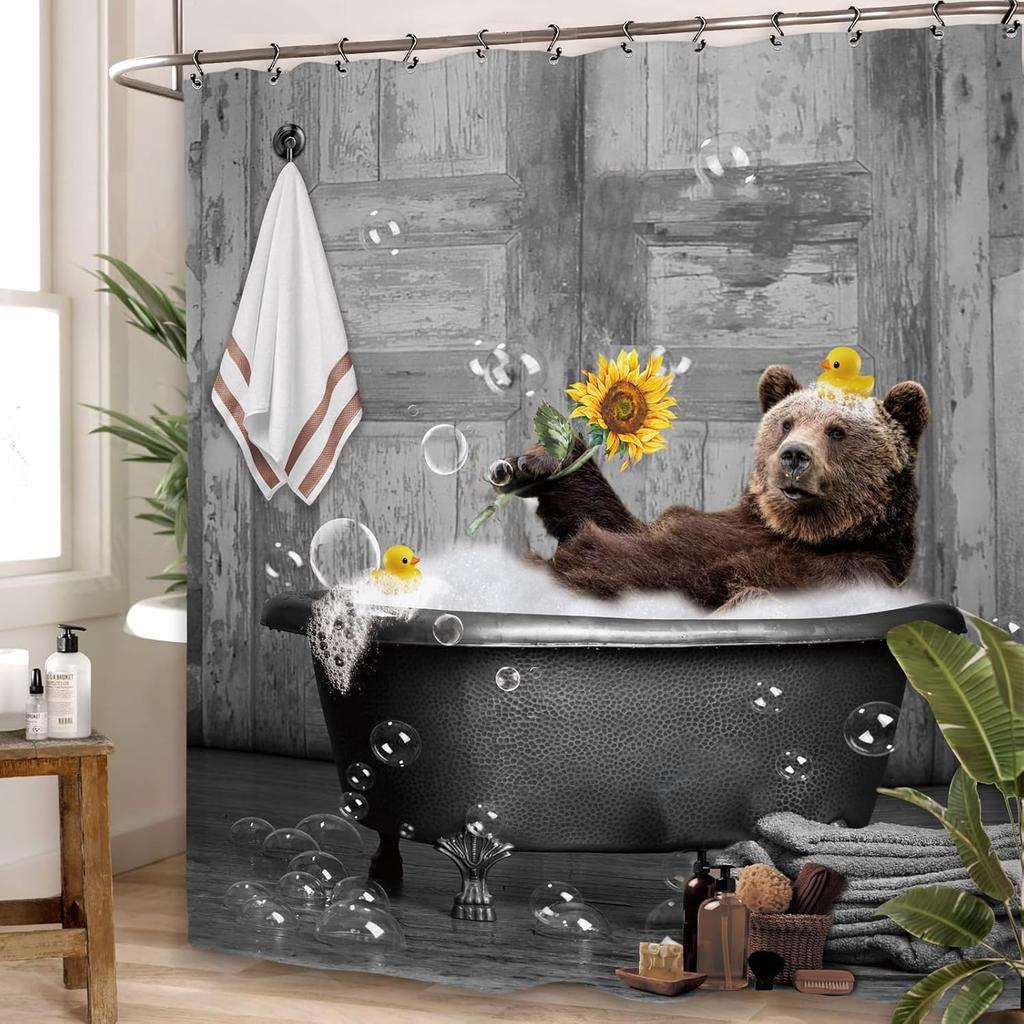 Woodland Bear Vintage Shower Curtain, Rustic Farmhouse Cabin Wildlife Animal Country Bathroom Decor