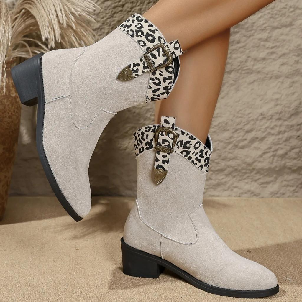 Fashion Retro Women's Short Boots High Quality Women's Knight Boots Printing Sexy Pointed Toe Shoes Leopard Print Spliced Western Boots