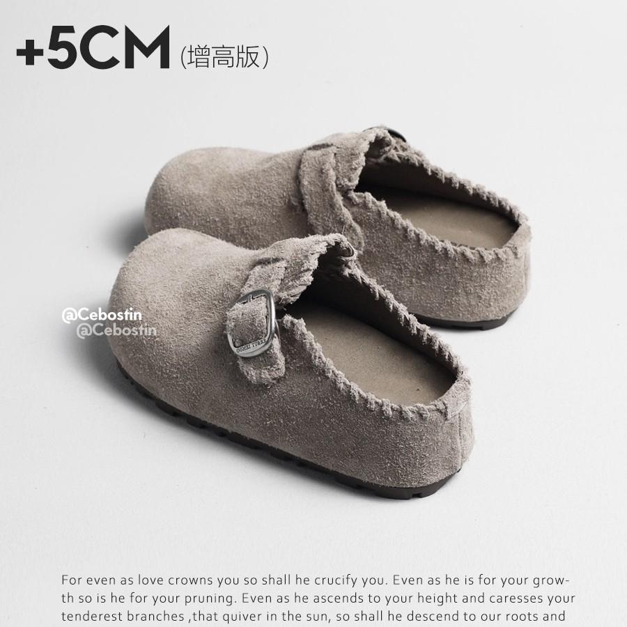 [Lan Cabinet] Baotou Drag 5cm Inner Height-increasing Version of Cow Reverse Velvet Birken Half Slippers Women's Pedal 2025 New Model