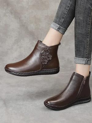 Fashion New Mom Cotton Shoes Flat Heel Side Zipper Round Head with Velvet Warmth Middle Aged and Elderly Casual Short Boots for Women