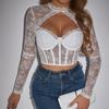 Sexy Lace Hollow Out Long Sleeve Fitted Top With Flower Pattern A1299