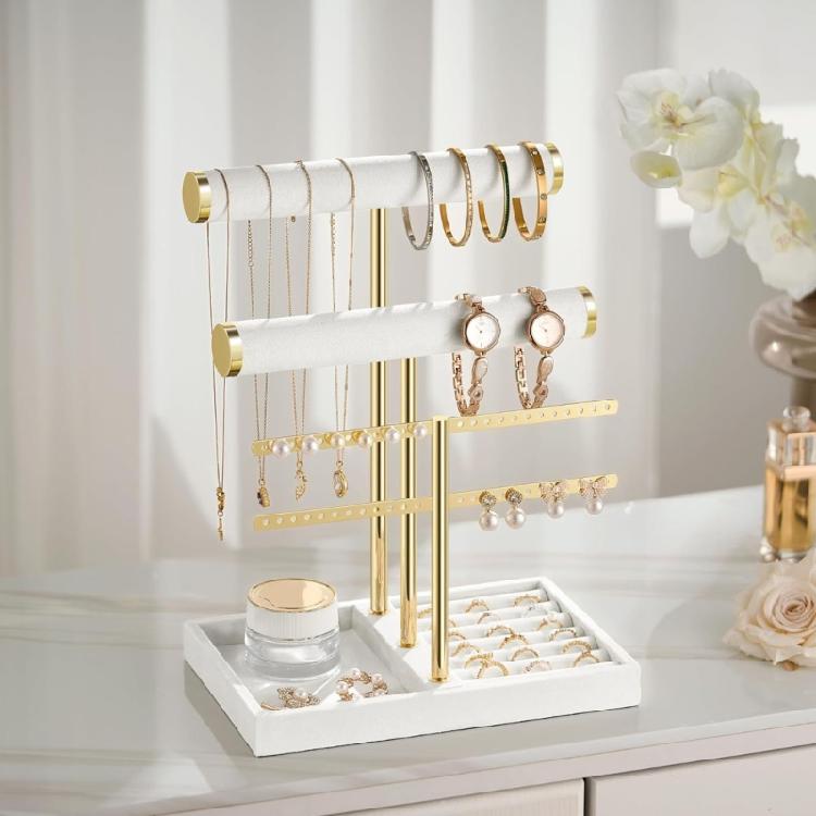 Versatile T Bar Jewelry Stand Organizers for Shop or Home Use Sturdy Metal Base with Removable Wooden Display Rods