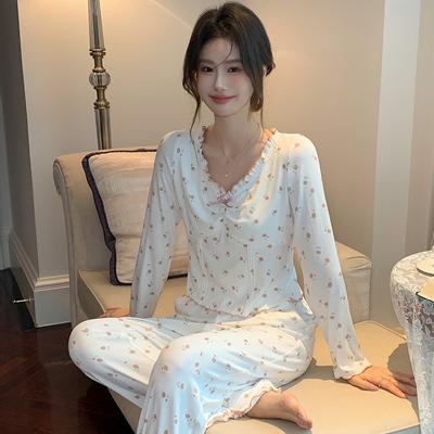 Top de Manga Larga y Pantalón 2 Piezas Ropa de Dormir Femenina Pijama de Algodón Dulce Ropa de Casa Primavera Verano Ropa de Descanso Traje de Pijama Ropa de Noche
