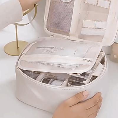 Multipocket Design Cosmetic Handbag Zipper Closure Double-layered Portable Makeup Pouch Separate Dry and Wet Comfortable Handle