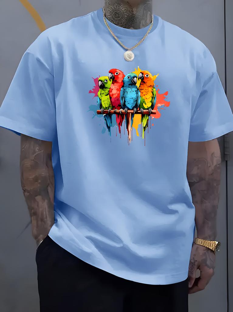 Unisex O Neck Tee Colorful Parrot Splash Art Print Cotton Short Sleeve Loose Summer Street Breathable Daily Casual Basic Wear Top