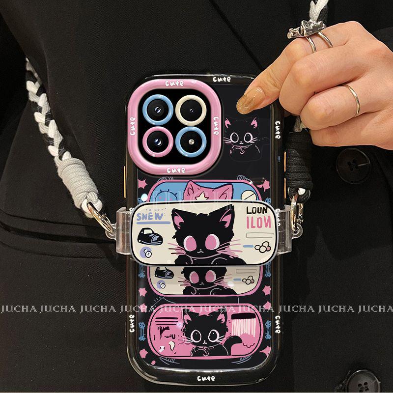 High-End Xiaomi 17 Pro Max Case: Full Coverage Black & Pink Cat Design with Lanyard