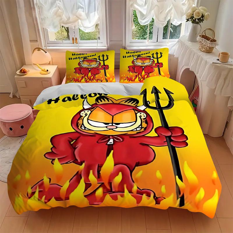 3-teiliges Garfield als Teufel bedrucktes Bettwäsche-Set, weiche und bequeme Bettbezug für Schlafzimmer, Gästezimmer (1 Bettbezug + 2 Kissenbezüge, Kissen