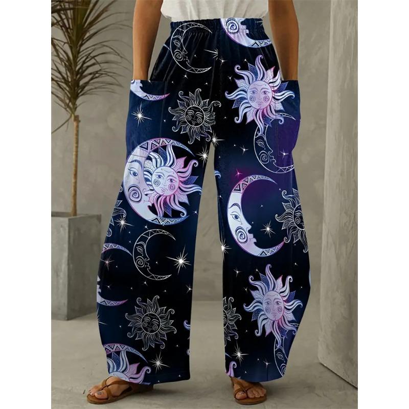 Women's Fashion Wide-legged Pants Elegant 3d Sun, Moon And Star Printed Pants Women's Street Vintage Pants With Pockets