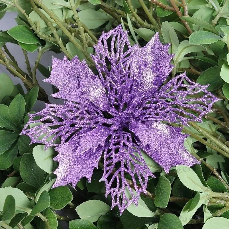 5Pcs Gold Christmas Sparkling Flowers Heads For Xmas Tree Hanging Ornament Home Room Decor Party DIY Wreath New Year 2025 Gifts