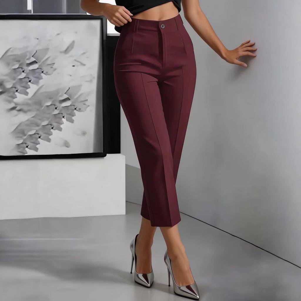 2026 New European and American Cross-border Amazon Foreign Trade Solid Color High Waist Drape Straight Simple Suit Nine-point Pants Women's Clothing