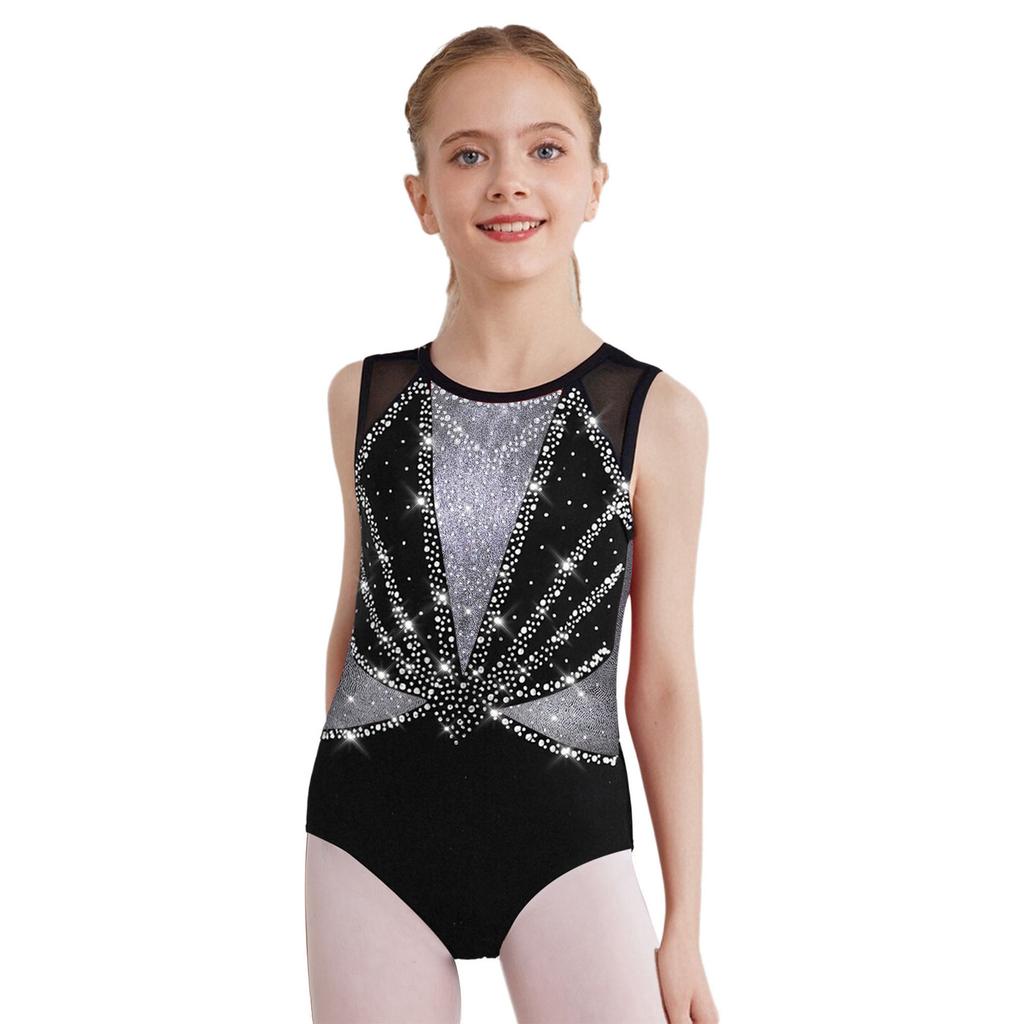Girls Color Block Metallic Leotard Round Neck Sleeveless Crisscross Back Shiny Rhinestones Bodysuit Gymnastics Dance