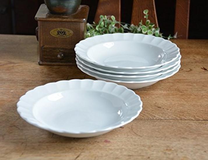 Set of 5 White Dinnerware Floral Reinforced Tiara Pure for and Curry Plates, Shape, Shatter-Resistant, Porcelain, White, Ruffled, 23cm, Pasta, Soup,