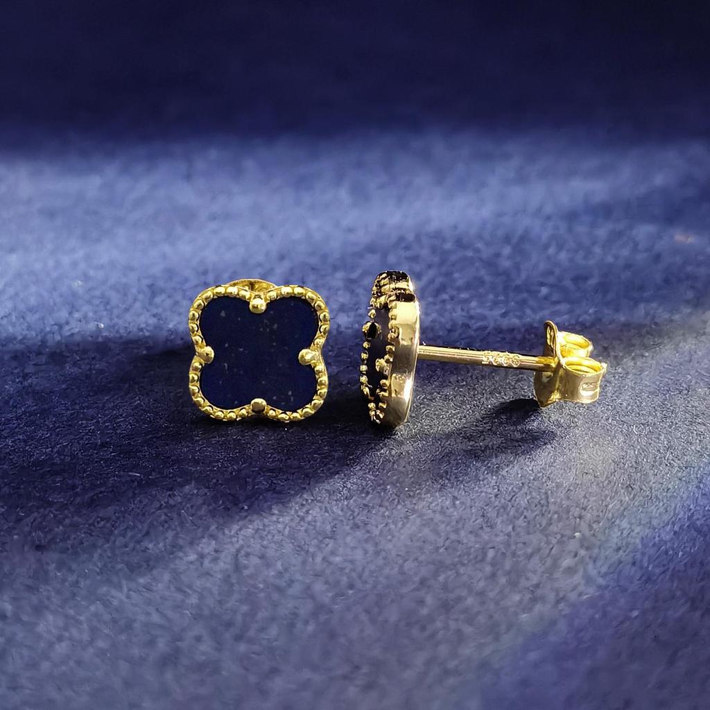 7MM Firkløver Øredobb Lapis lazuli 925 Sterlingsølv 14K Gull Øredobber