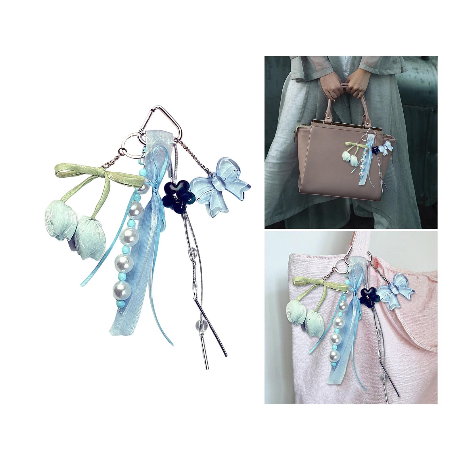 

Flower Bowknot Keyring with Soft Ribbon Portable Bag Pendant Elegant Key Holder Acrylic Texture Present for Women Girl бежевий