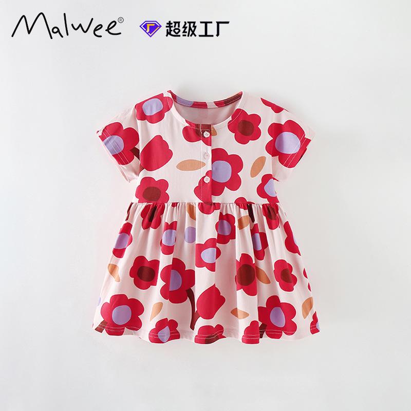 Girls Dress Summer New Short Sleeved Cute Little Girl Flower Polka Dot Little Girl Princess Dress 100