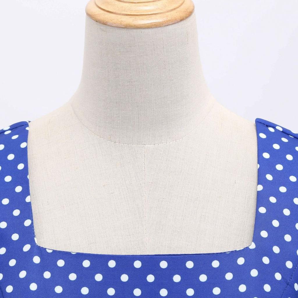 GMXIA Abito Vintage da Donna Stile Collo Quadrato Manica Corta Stampa a Pois Vita Svasata