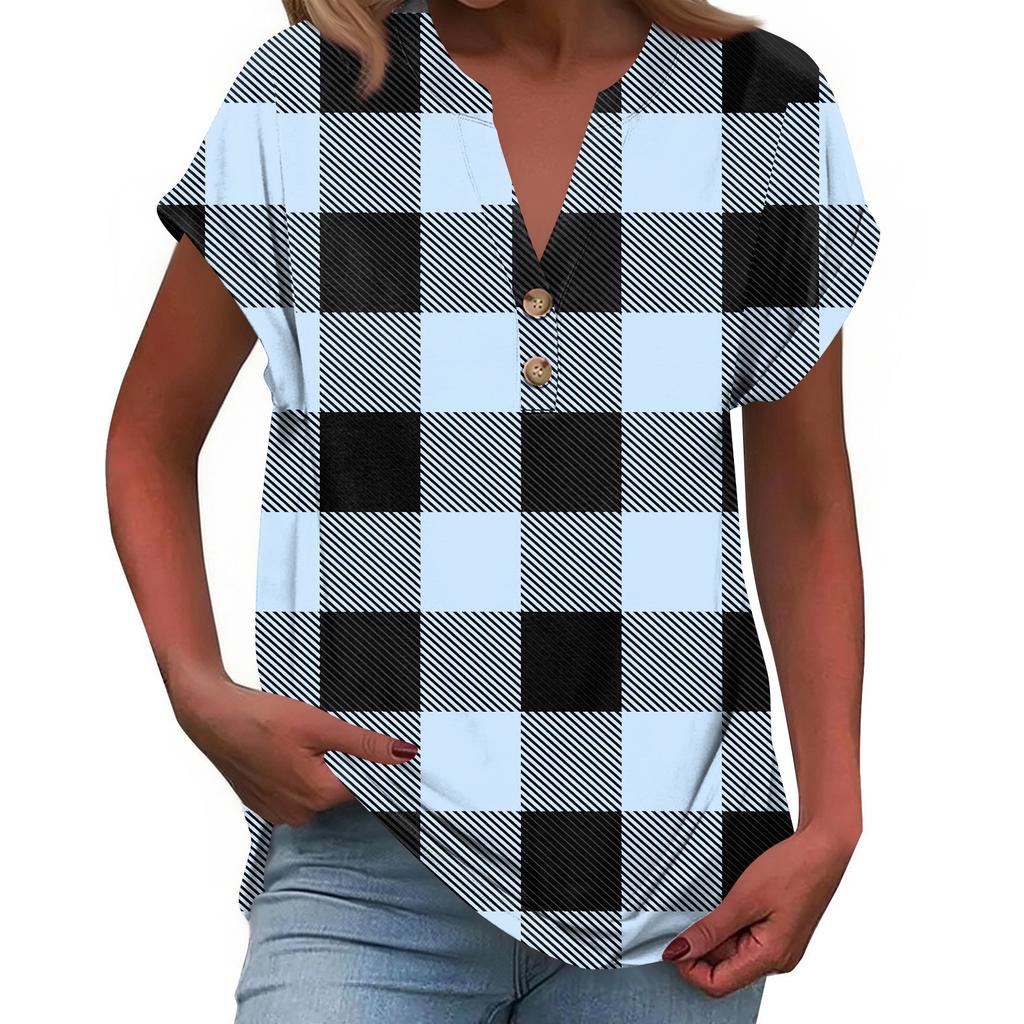Modisches Lässiges Locker Geschnittenes Kurzärmeliges Knöpfbares V-Ausschnitt Bedrucktes T-Shirt Top für Damen