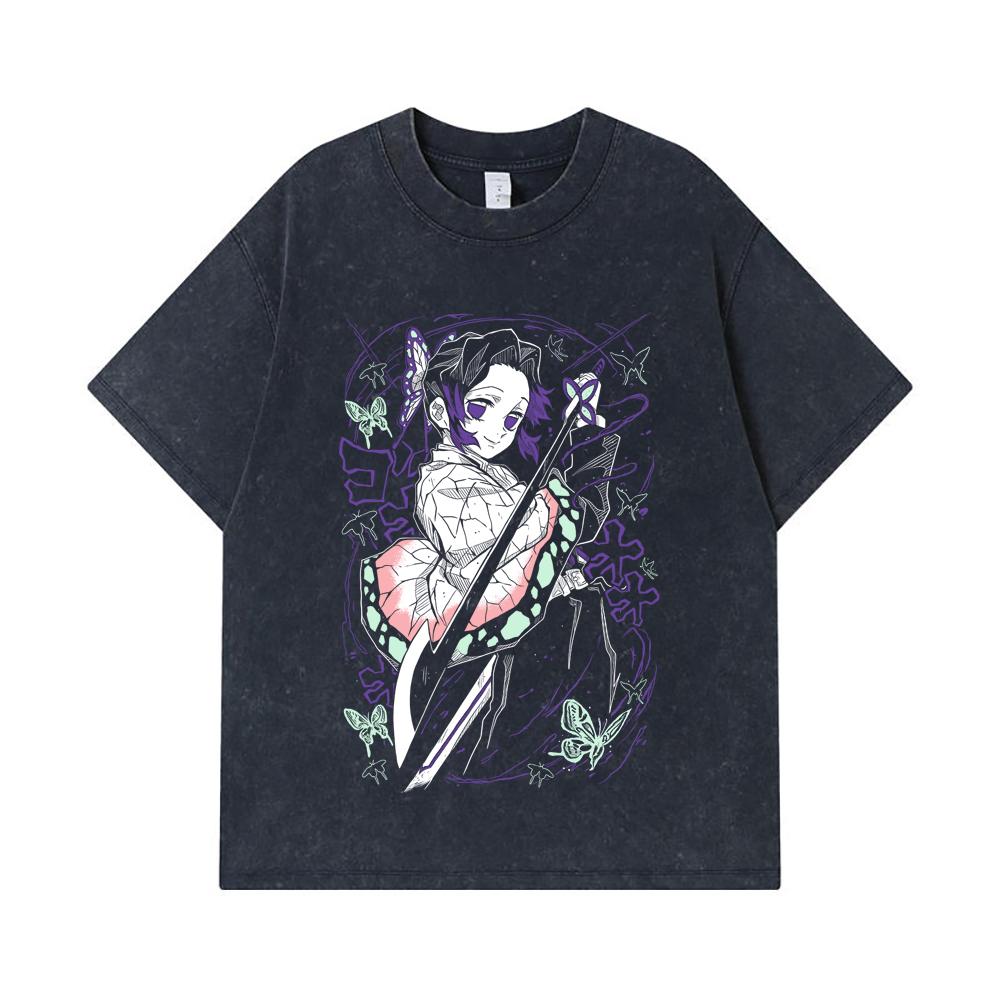 275 GSM Washed T-shirts 100% Cotton Demon Slayer V44 Shibobu Print Unisex Heavy Cotton T Shirt