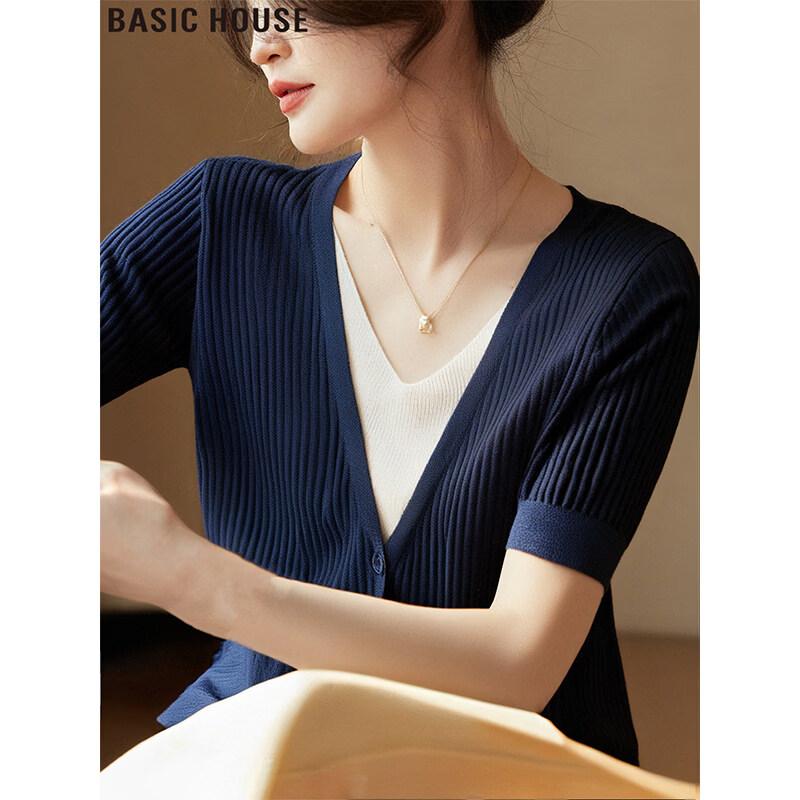 Basic House Women s Fake Two-Piece V-Neck Ice Silk Knit Top M