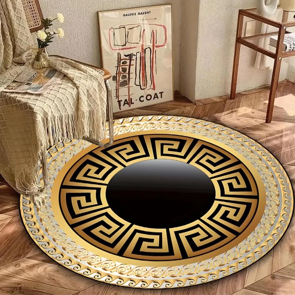 1pc Golden Round Rug and Black Geometric Pattern Carpet Coffee Table Mat Bar Area for Bedroom Living Room Dining Home Decorativ
