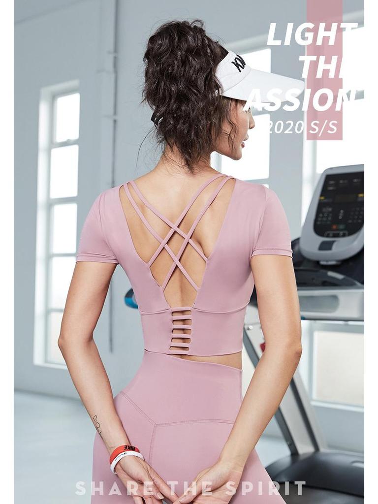 Women's Short Sleeve Yoga Crop Top with Chest Pads - Tight Fit Running and Fitness Vest