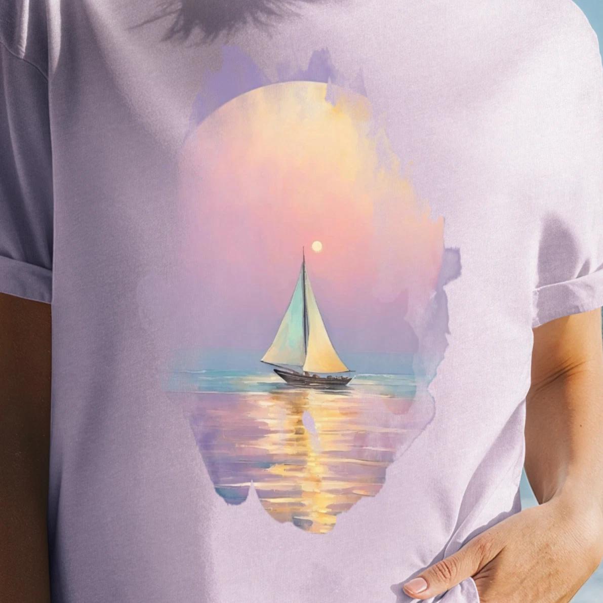 Sailboat Sunset T-shirt | Pastel Watercolor Seascape Tee, Sailboat Graphic Shirt S