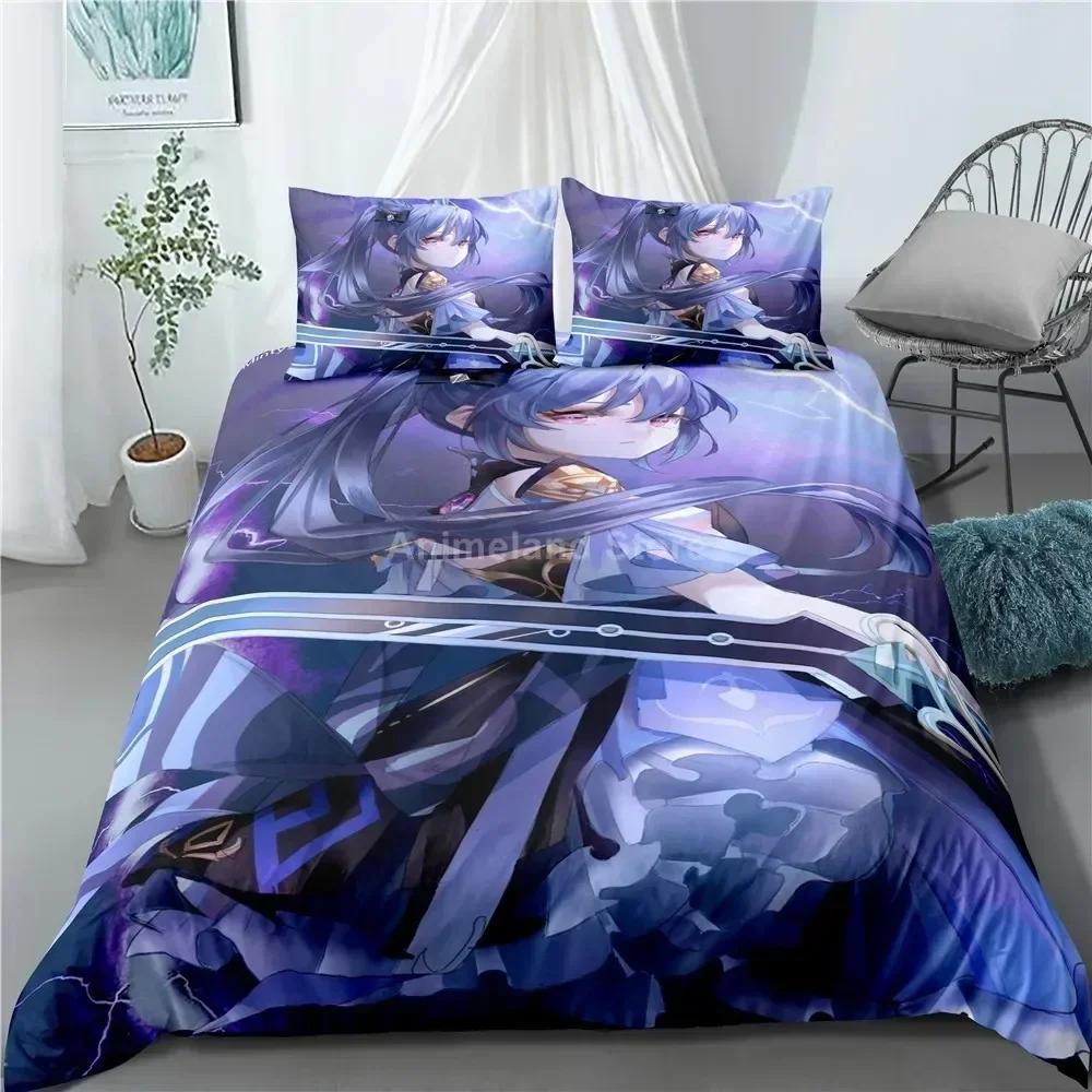 Luxury New 3D Print Keqing Bedding Set Genshin Impact Game Bed Linen Quilt Soft Duvet Cover Sets Home Room Decor Purple