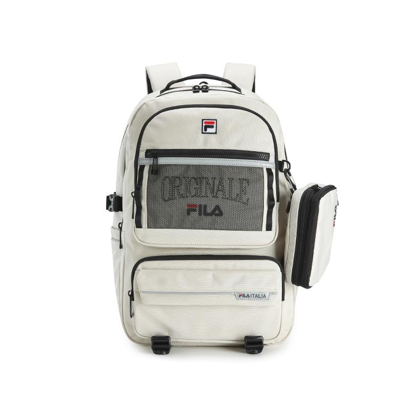 FILA Original Simple Youth Campus Daily Versatile Multi-Pocket Design Fabric Backpack Men backpack Light-Beige Gray F13M619103FLY Light Beige Green Gray