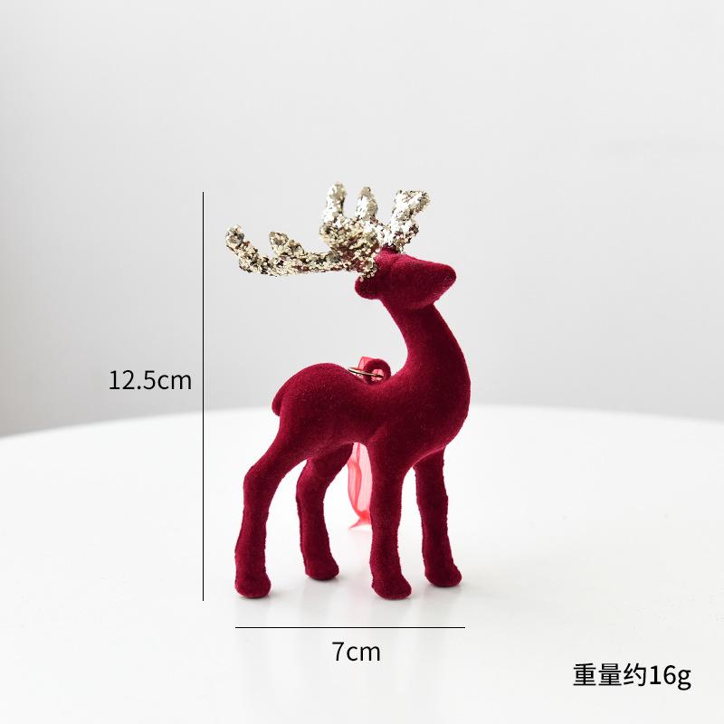 Christmas Reindeer Desktop Ornament Christmas Tree Decor Hanging Accessory Glittering Burgundy Flocked Deer Pendant Decoration