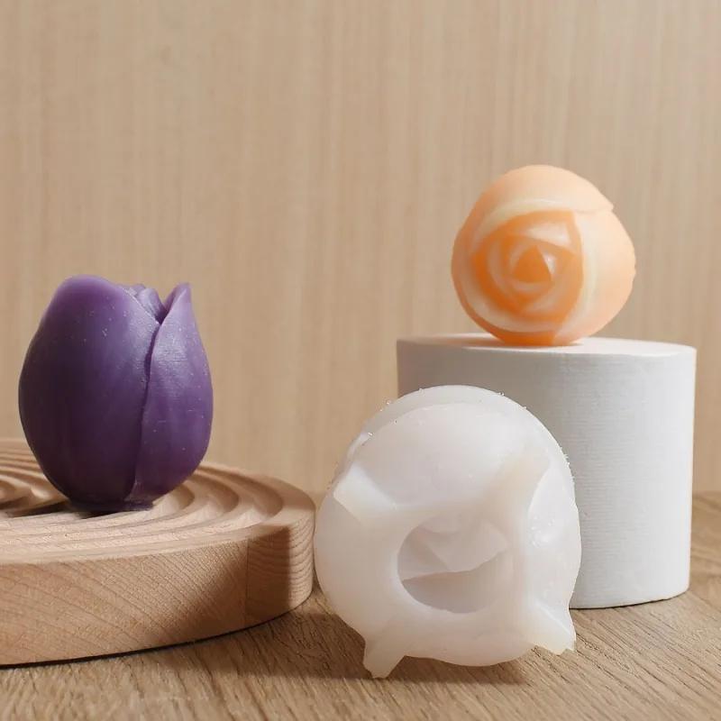 DIY Tulip Flower Candle Silicone Mold 3D Flower Soap Aromatherapy Gypsum Handicraft Cement Mould Ice Cube Chocolate Making Tool