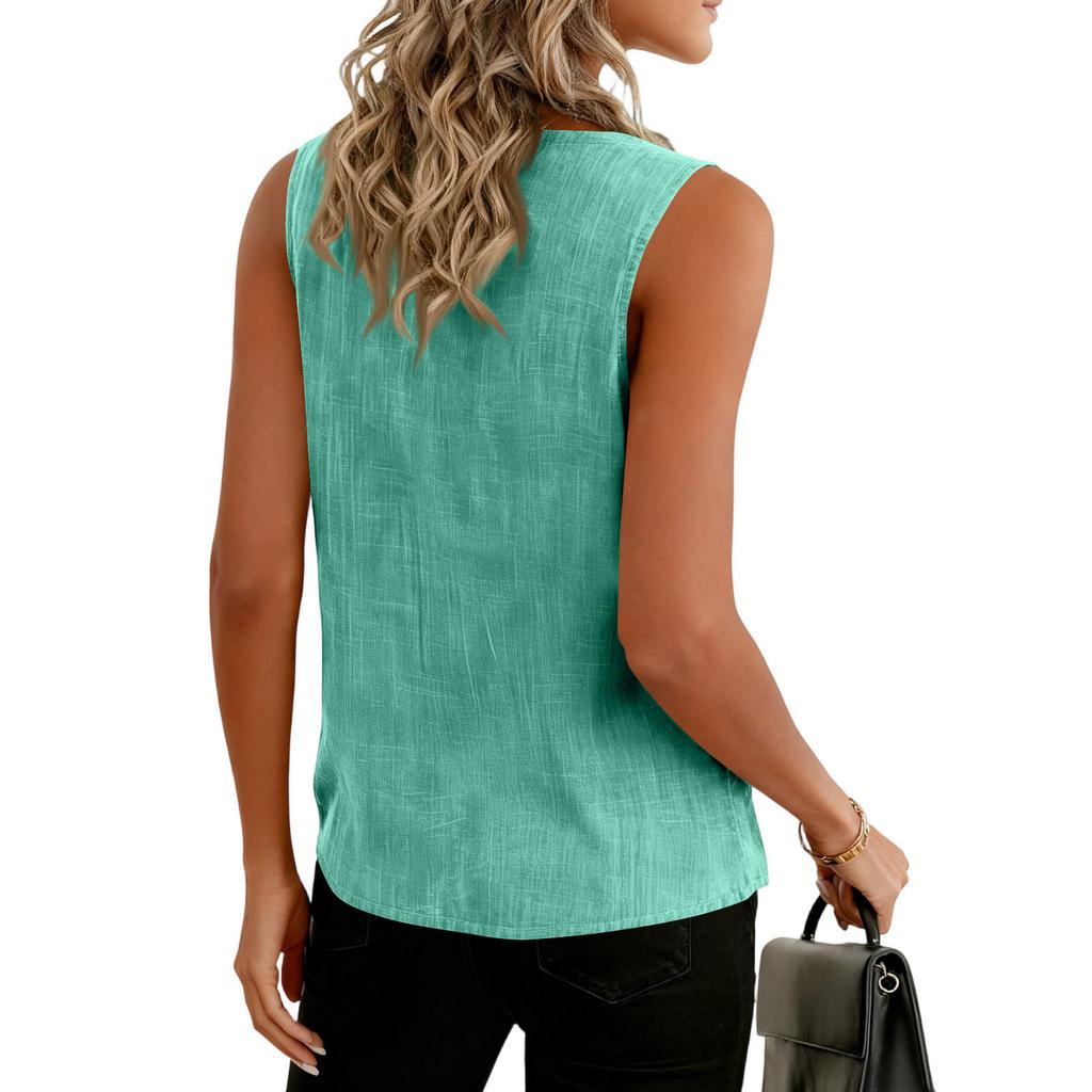 Damen V-Ausschnitt Ärmelloses Top Lässiger Lockerer Schnitt Tanktop Weiche Atmungsaktive Strukturierte Baumwolle Leichtes Sommeroberteil