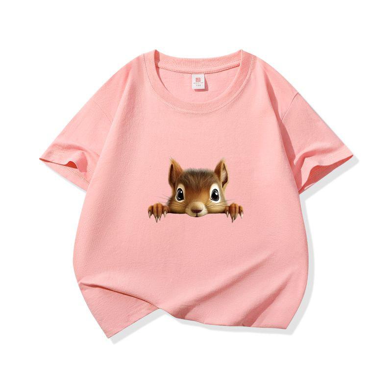 Kids Cotton T Shirt Cute Peeking Squirrel Print Crew Neck Short Sleeve Tee Casual Breathable Boys Girls Summer Tops
