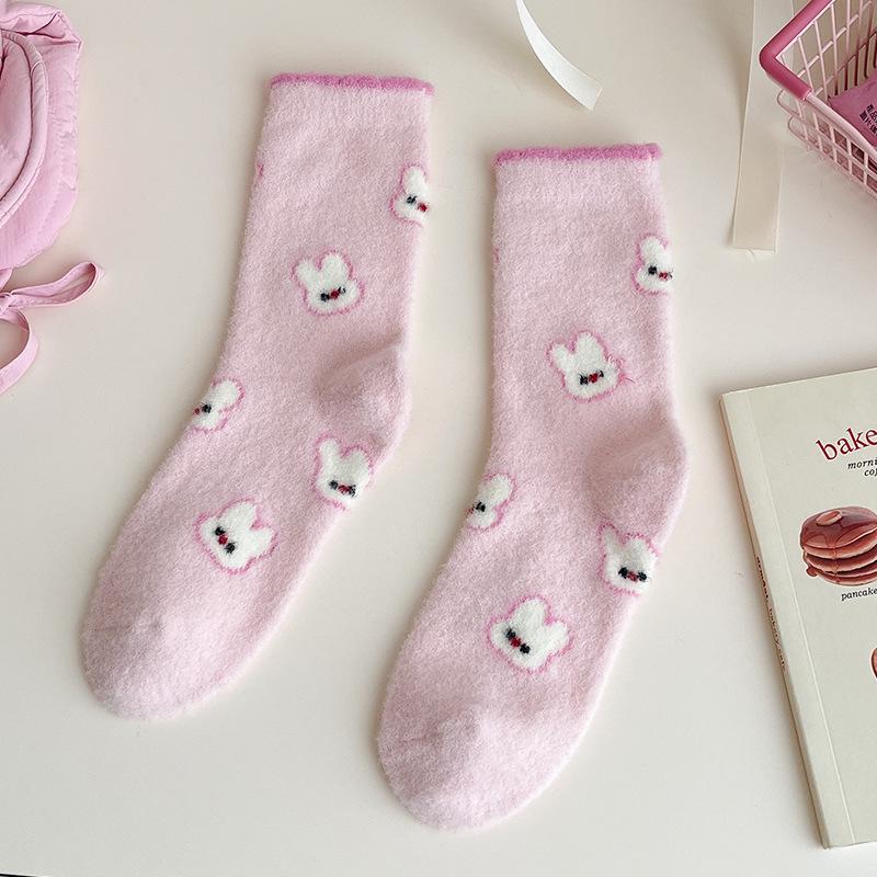 Australian Velvet Pink Fleece-Lined Women's Mid-Calf Cartoon Socks - Thick, Warm, and Fluffy Sleep & Floor Socks.