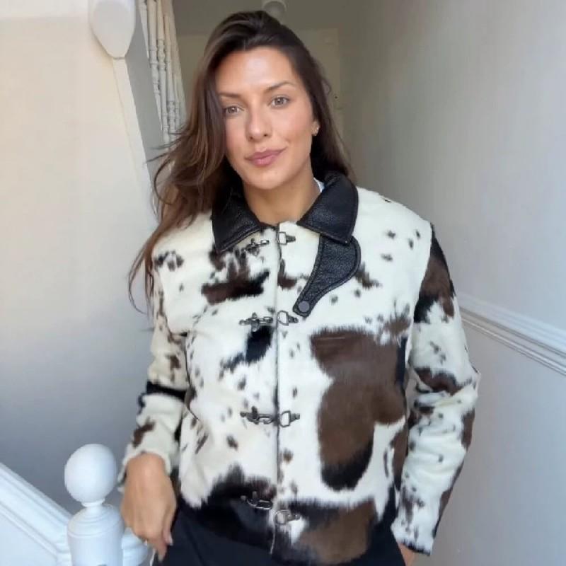 Womens Vintage Cow Print Faux Suede PU Leather Biker Jacket Short Cropped Collar Metal Button Outerwear Fall Winter