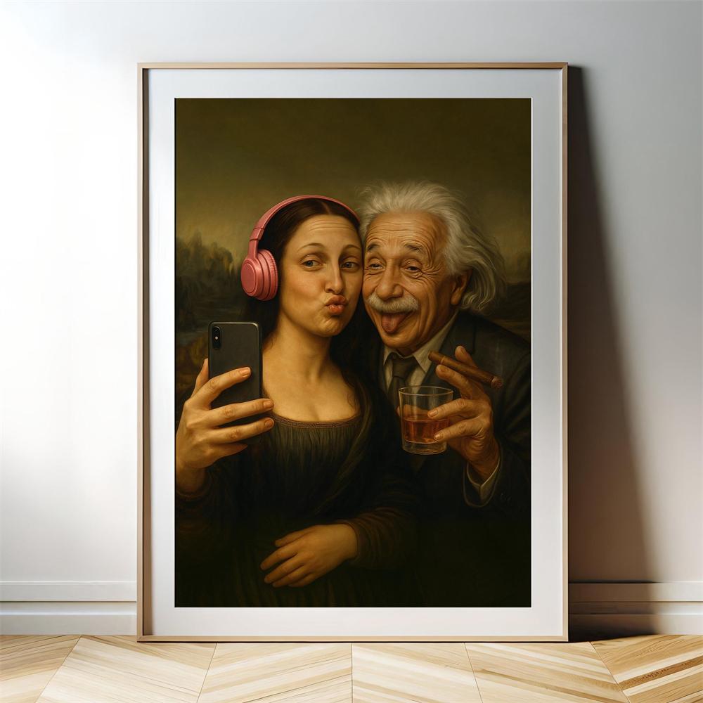 Modern Mona Lisa Art Print Poster Music Lover Wall Art Canvas Painting Headphones Sunglasses Funny Classic Art Poster