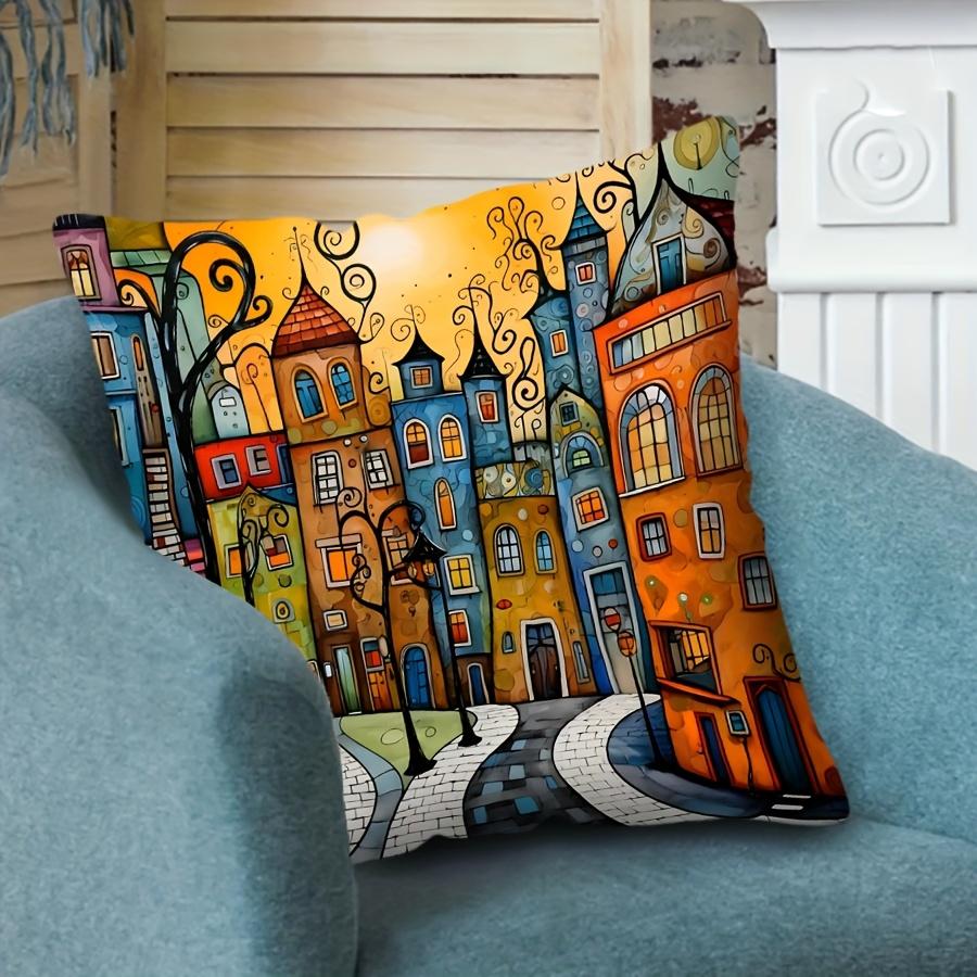 1 Pezzo Federa per Cuscino Decorativa a Tema Città Fantasiosa, Adatta per Divano, Camera da Letto, Soggiorno, Un Regalo Creativo per gli Amanti dell'Arte.