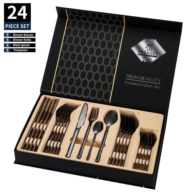 Stainless steel tableware, Knight series set, 24 piece Western style steak knife, fork, spoon set, gift box light luxury