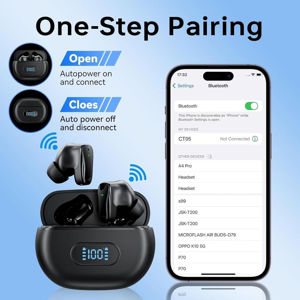 Wireless Earbuds Bluetooth Headphones 5.3 HiFi Stereo Earphones Touch Control IPX7 Waterproof Deep Bass Sports Ear Buds with Built-in Mic for Running