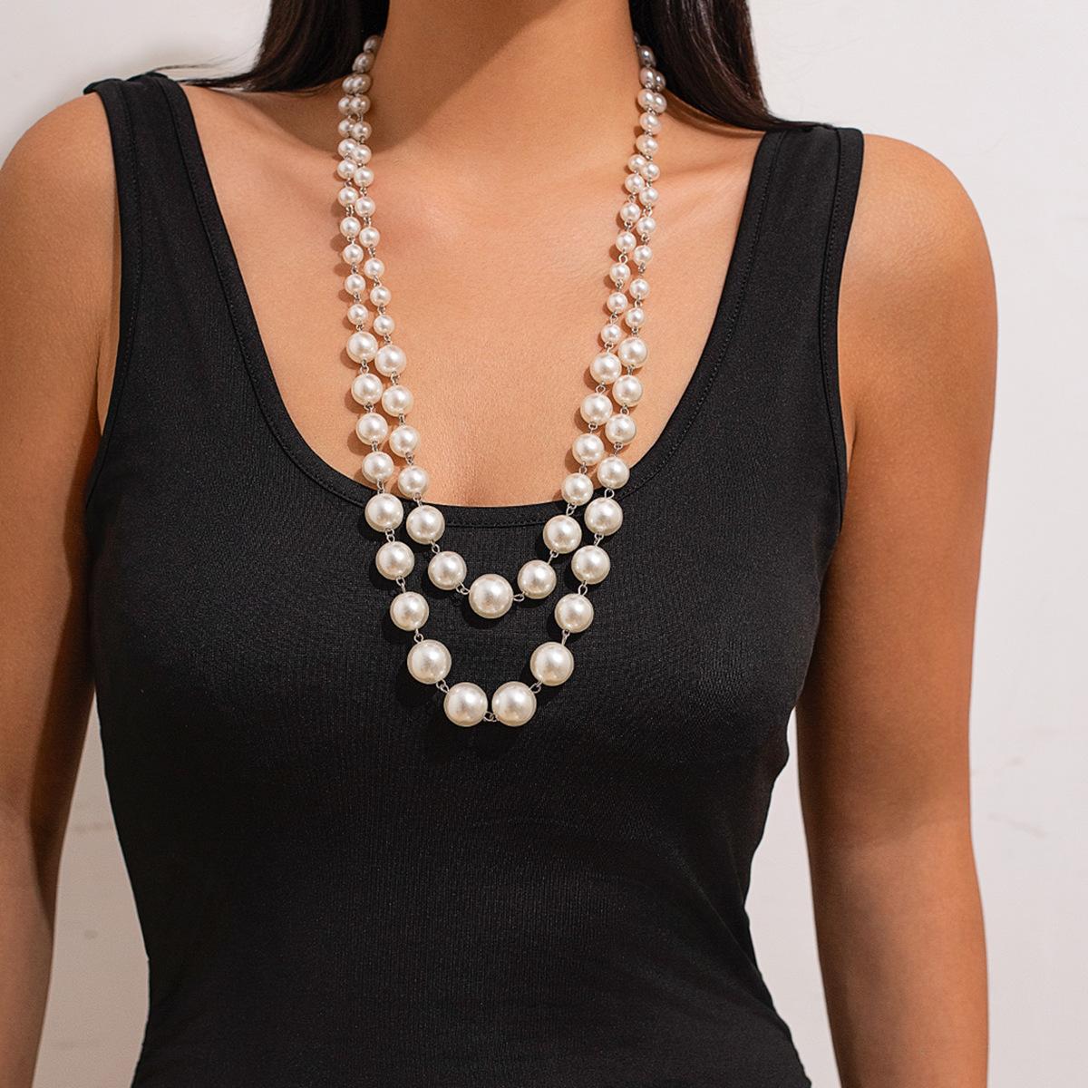 Simple Temperament Imitation Pearl Stacked Necklace Women, High-End Geometric Round Beads Multi-Layer Necklace Set