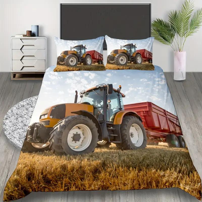 Tractor Pattern Quilt Cover Three-Piece Digital Printing Bedding Duvet Cover Kit