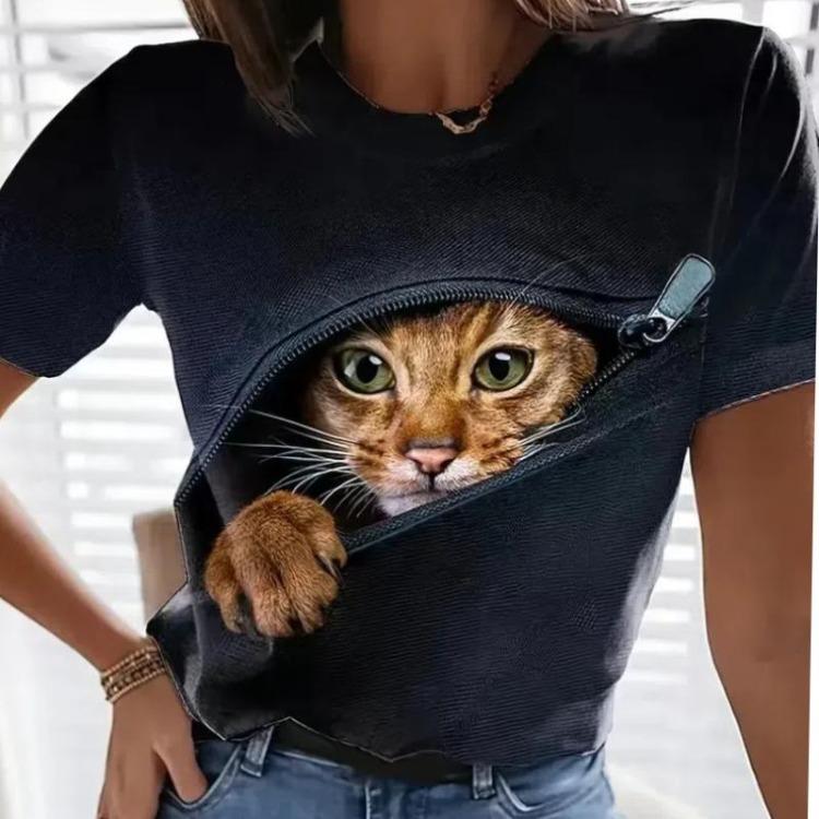 Plus Size Women's Casual Summer T-Shirt 3D Cat Print Loose Short Sleeve Crew Neck Tops Clothing