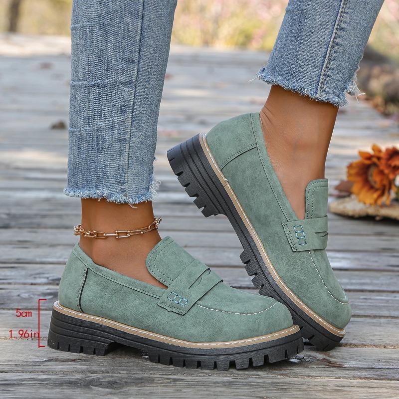 British Style Women Leather Casual Shoes New Fashi Round Toe Slip- Loafers Plus Size Woman Outdoors Walking Platform Shoes