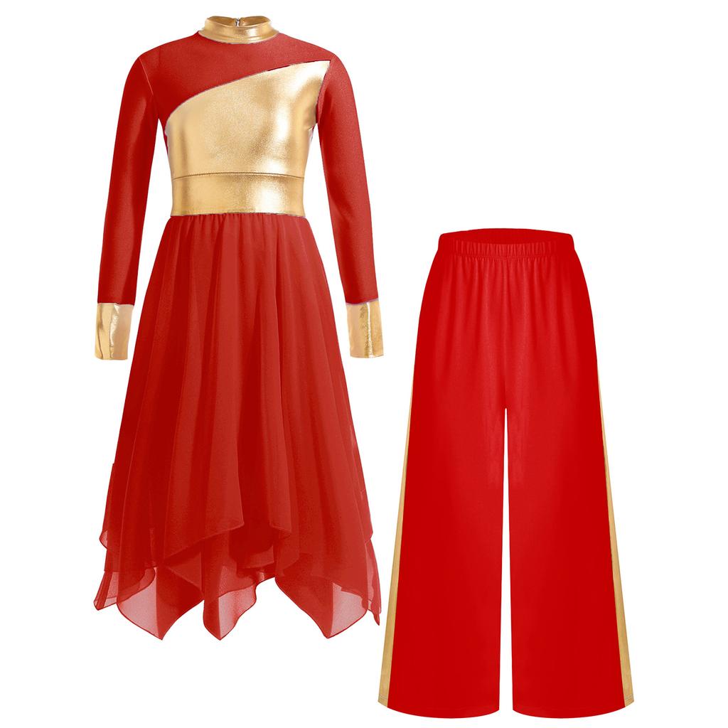 Mädchen Liturgisches Tanzoutfit Langarm Colorblock Metallic Lyrisches Kleid Weitbeiniges Hosen-Set