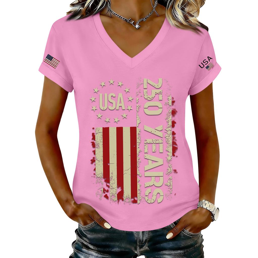 Women's Fashionable V-Neck Casual Retro Print Short Sleeved T-shirt Top
