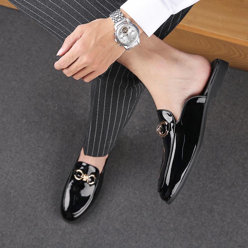 Fashion Mens Slipper Boots Fashion Men Shoes Male Black Leather Half Slippers Casual Sandals Summer Mens Italian Lattice Design Big Size